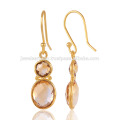 Rare Citrine Quartz Dangle Drop 925 Sterling Silver Gold Plated Earrings